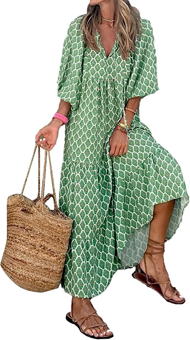 Women's Floral Puff Sleeve Maxi Dress Bohemian V Neck Tiered Long Dress Casual Layered Summer Swi... | Amazon (US)
