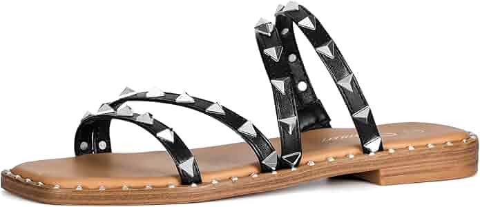 Amazon.com | Athlefit Women's Studded Flat Slide Sandals Square Open Toe Strappy Slip On Sandals ... | Amazon (US)
