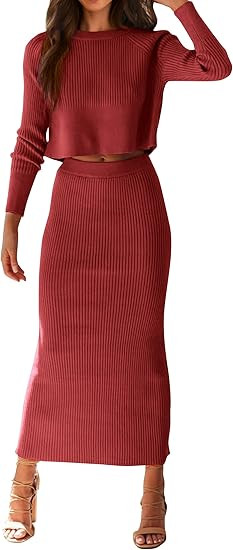 PRETTYGARDEN Women's Fall 2 Piece Sweater Set Rib Knit Long Sleeve Crop Top Maxi Bodycon Skirt Ca... | Amazon (US)