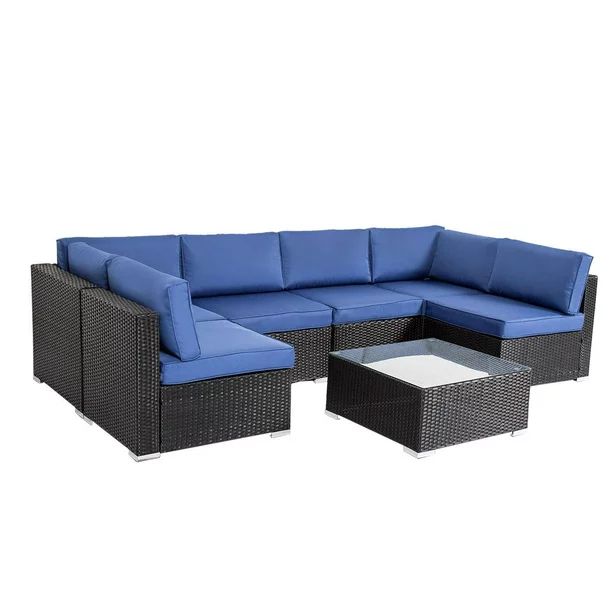 Kinbor 7pcs Outdoor Patio Furniture Sectional Pe Rattan Wicker Rattan Sofa Set with Dark Blue Cus... | Walmart (US)