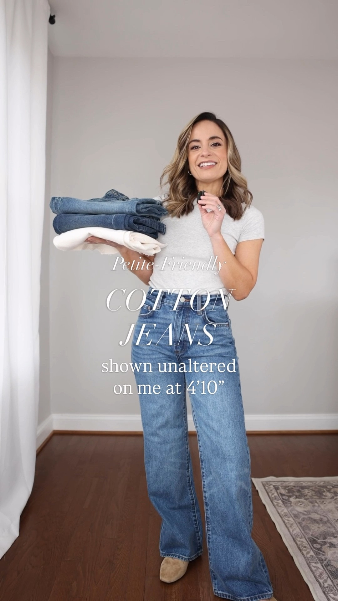 Petite friendly jeans with high cotton content ranging from 100-96% cotton. 

Aritzia Farrah Hi-Rise 
24 short in 7 yrs kiss n tell - tts 
10 7/8” rise 29” inseam in short before wash  28” inseam after wash 
100% cotton

Madewell The PV Wide-Leg Crop Jean
24 standard in Midnight Waters - tts relaxed fit 
10 7/8" rise, 27" inseam 
96% cotton 

Madewell The PV Wide-Leg Crop Jean
Petite 24 in Vintage Canvas - tts 
10 3/8" rise, 25" inseam
98% cotton 

Madewell The Petite PV Wide-Leg Jean
Petite 24 - Harvey Wash - tts relaxed fit 
10 3/8" rise, 19" leg opening, 28" inseam  99% cotton

Top (Madewell): xxs 
Shoes (Madewell): tts in Tawny Khaki

My measurements for reference: I’m 4’10” and 105lbs. My bust, waist, and hip measurement is 32”, 24”, and 36”.


#LTKPetite