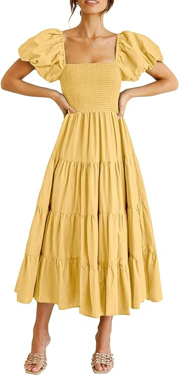 PRETTYGARDEN Women's Casual Summer Midi Dress Puffy Short Sleeve Square Neck Smocked Tiered Ruffl... | Amazon (US)