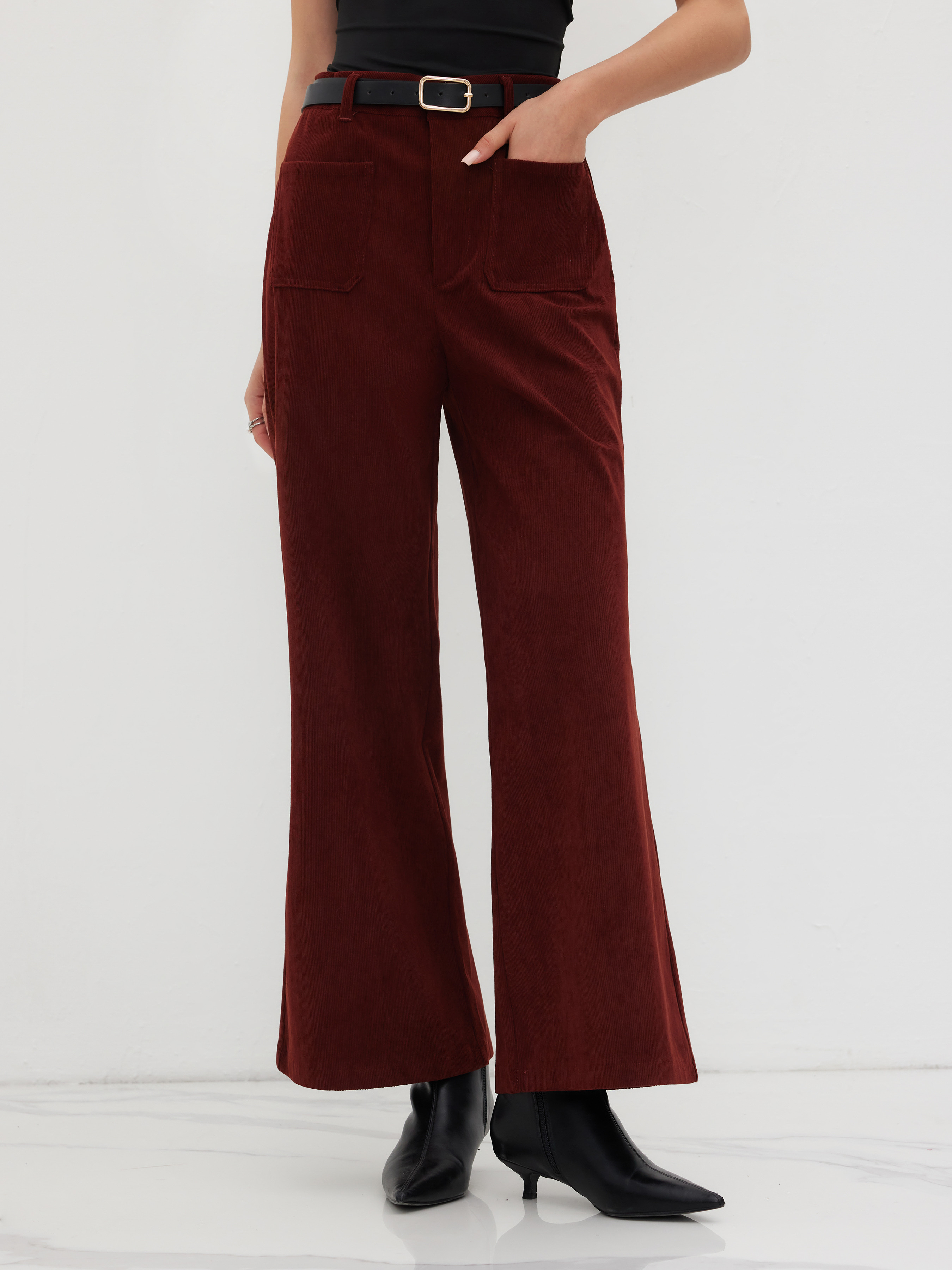 Corduroy Corduroy Mid Rise Flared Trousers With Belt For Work | Cider