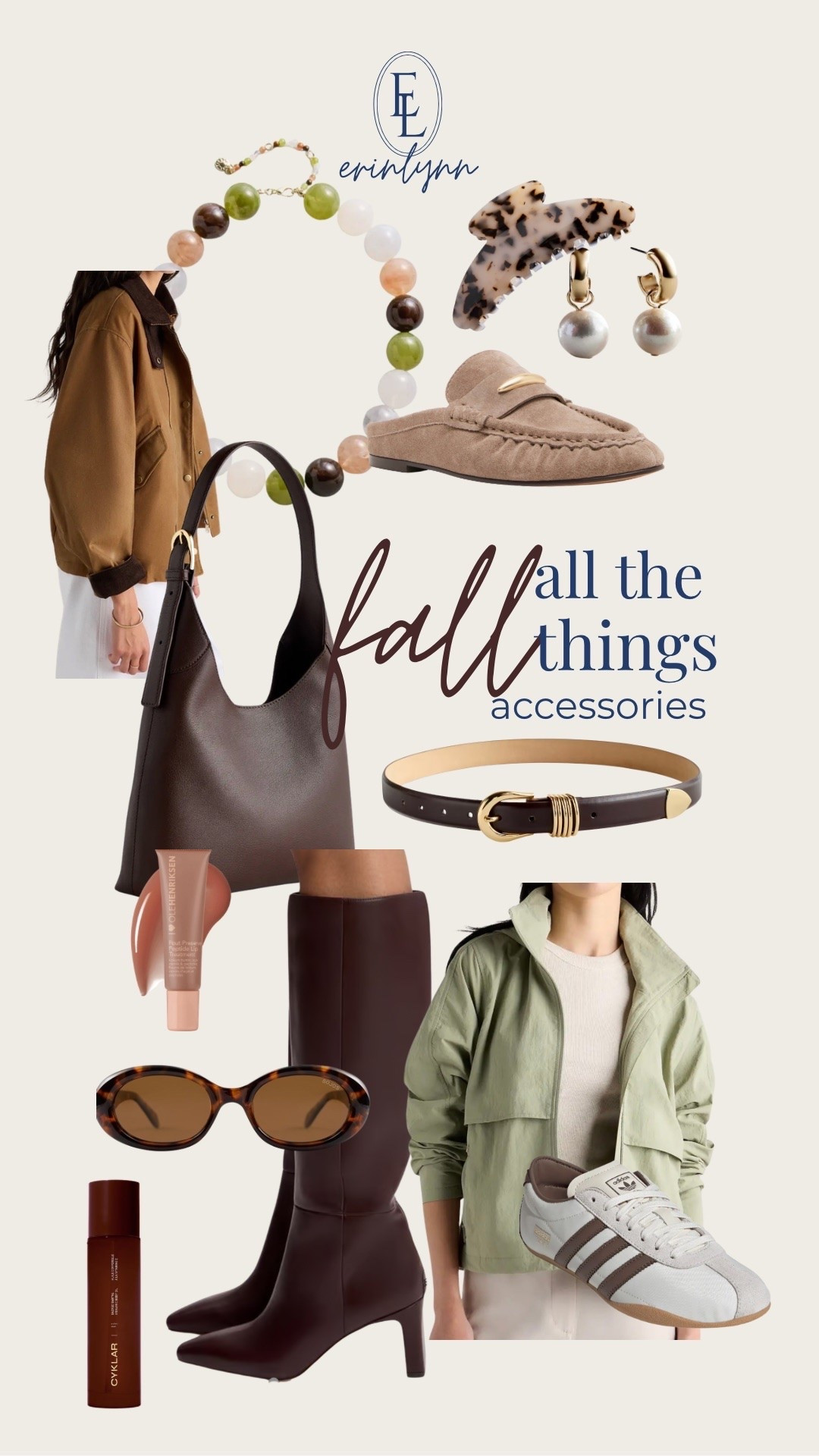 Fall accessories I’m loving right now — brown, olive, tortoise, suede and a few classic pieces that work with everything.

fall accessories, fall fashion, fall outfit ideas, fall 2026, classic fall style, women’s fall fashion, brown accessories, chocolate brown, olive green jacket, suede loafers, brown knee high boots, fall handbags, brown hobo bag, skinny belt, tortoise sunglasses, Adidas sneakers, fall sneakers, pearl earrings, statement necklace, hair claw, fall shoes, classic accessories, everyday fall outfits, transitional fall style