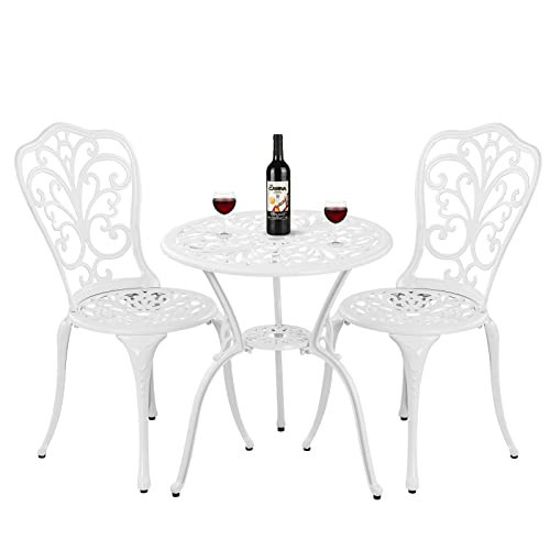 Withniture Bistro Set 3 Piece Outdoor Cast Aluminum Patio Bistro Set with Umbrella Hole, All Weather Bistro Table and Chairs Set, Small Patio Furniture Set for Garden, Porch,White | Amazon (US)