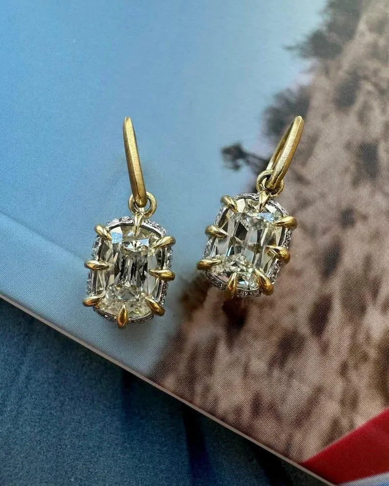 5.00 CT Elongated Old Mine Cushion Cut Hoop Drops Earrings, Basket Set With Hidden Halo Antique E... | Etsy (Global)