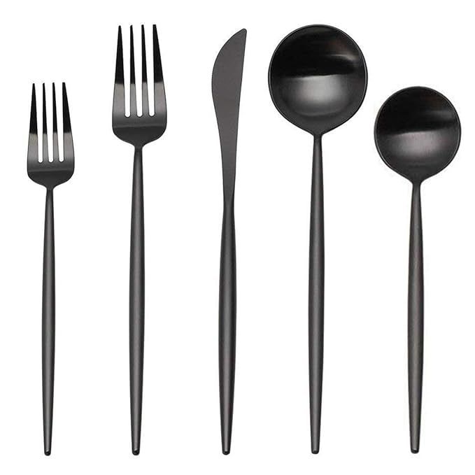 Matte Black Silverware Set,SHARECOOK 5-Piece Stainless Steel Satin Finish Flatware Set,Kitchen Ut... | Amazon (US)