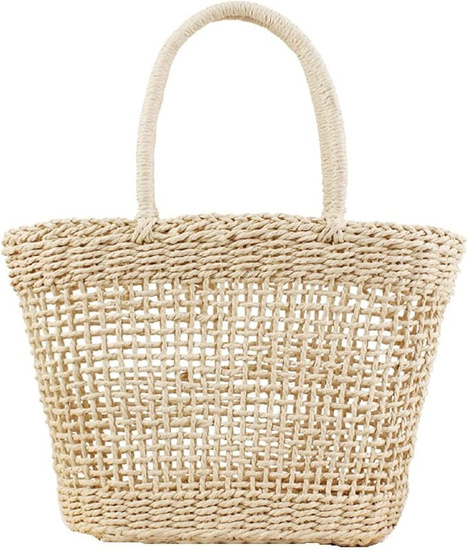 casual rattan women handbags wicker woven hollow shoulder bags beach basket straw bag bali big pu... | Amazon (US)