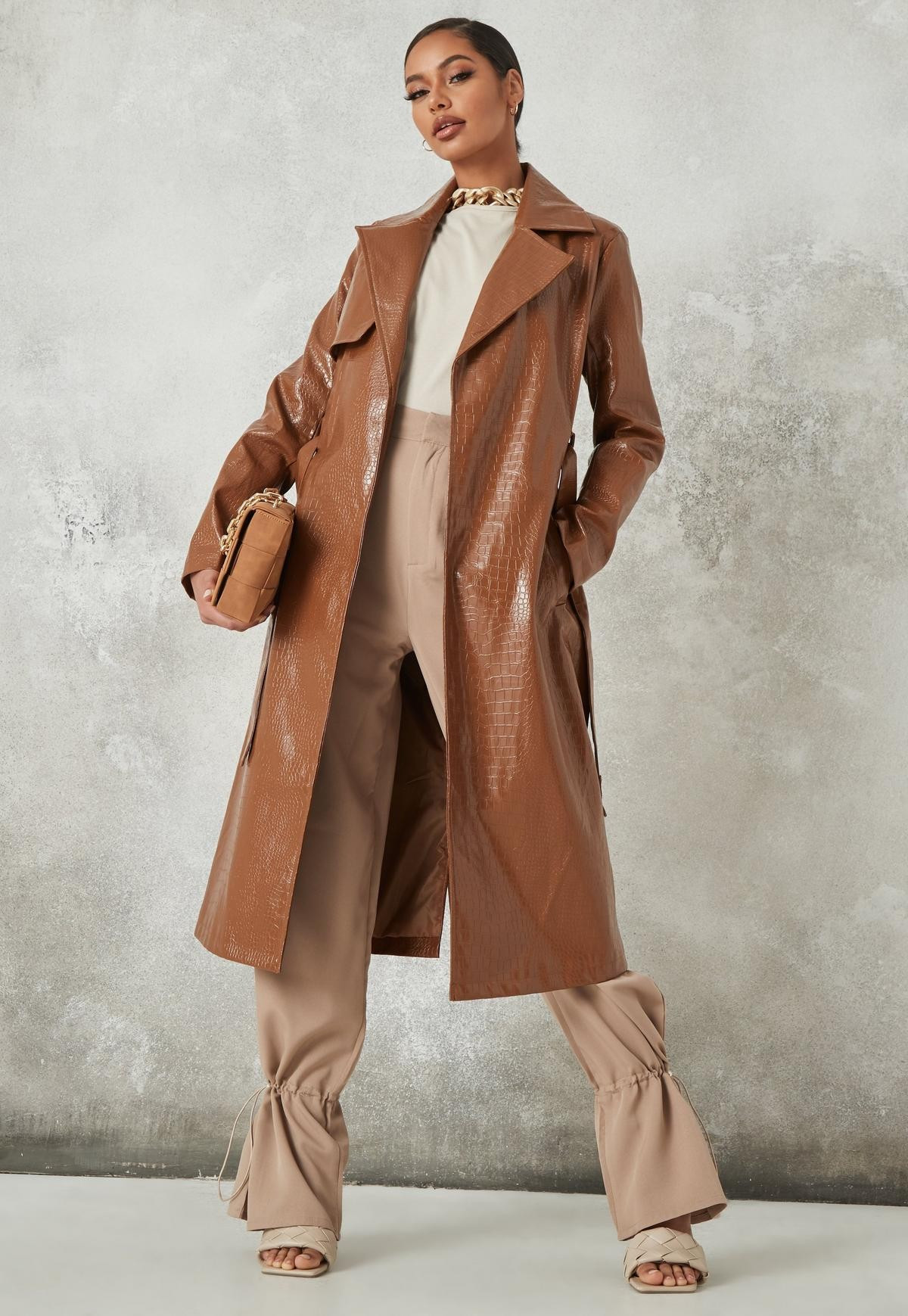 Missguided - Tan Mock Croc Faux Leather Belted Trench Coat | Missguided (US & CA)