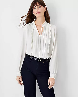 Ann Taylor Petite Pintucked Ruffle Tie Neck Top | Ann Taylor (US)
