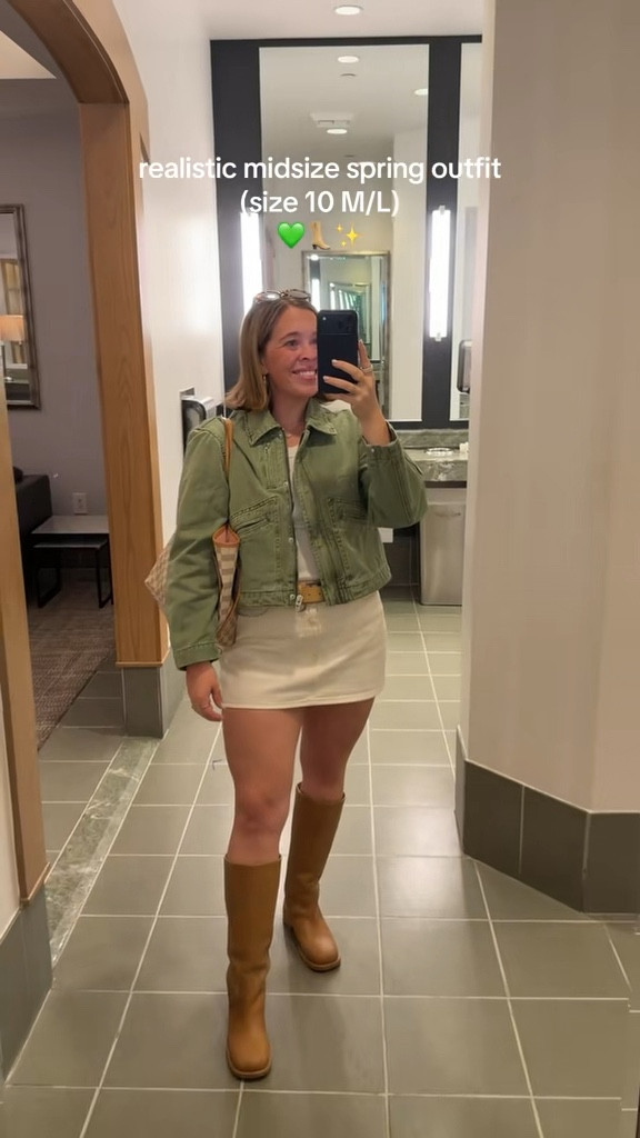 Midsize Spring Outfit 🌿👢🪞wearing a size 29 skirt and wide calf boots. 

size 10 | M\L | 5’4” 

#LTKootd #LTKMidsize #LTKPetite