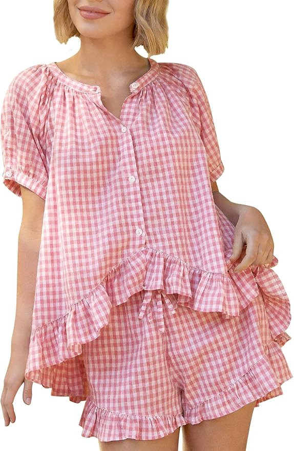 Kissonic Women Gingham 2 Piece Pajama Sets Cotton Pj Short Sleeve Rluffle Babydoll Shirt Shorts S... | Amazon (US)