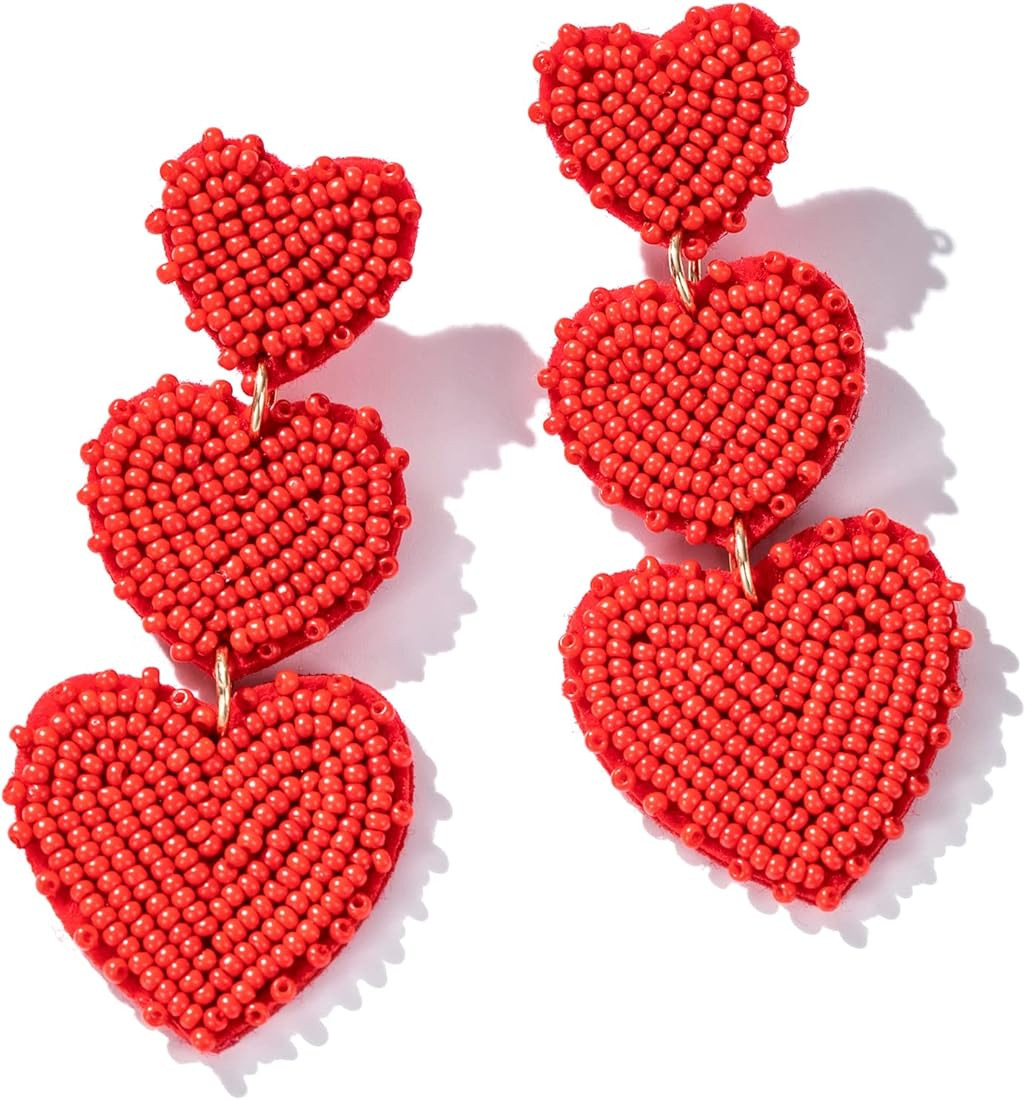 Beaded Heart Shaped Earrings - Handmade Statement Heart Dangle Earrings Gift for Valentine's Day ... | Amazon (US)
