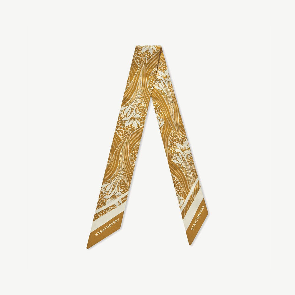Silk Skinny Scarf - Mustard Wallpaper Print | Strathberry