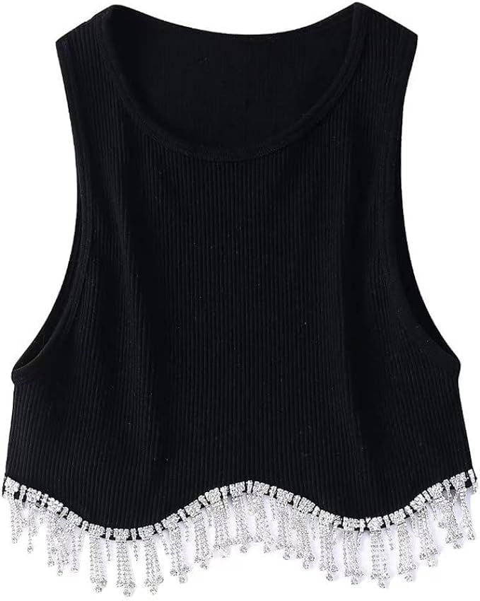 Meihuida Women Rhinestone Fringe Crop Tank Top Sexy Sleeveless Crew Neck Ribbed Knit Vest Black L... | Amazon (US)