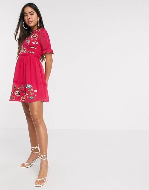 ASOS DESIGN embroidered mini dress with lace trims in hot pink | ASOS (Global)