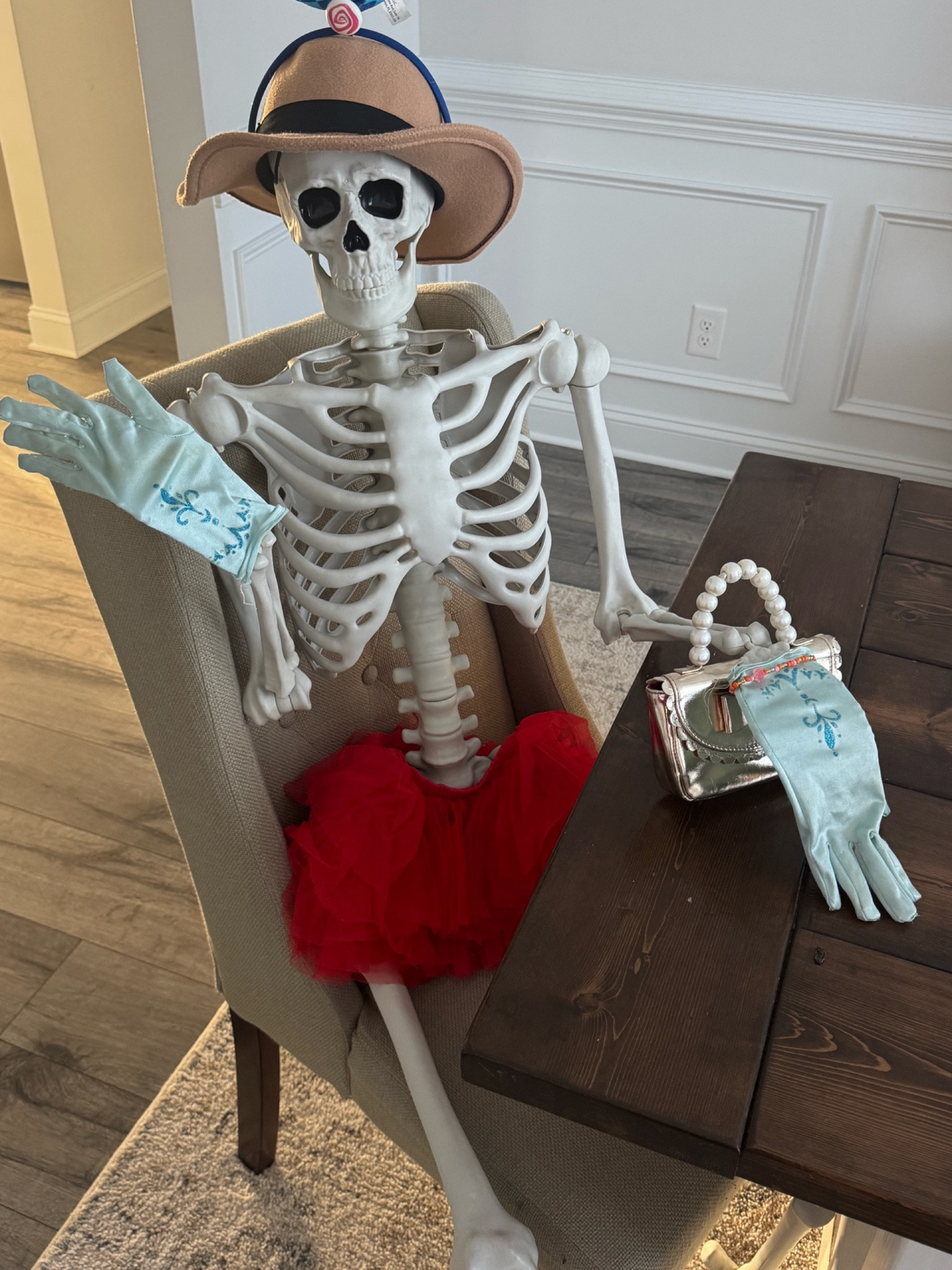 This 5 ft poseable skeleton is a favorite in our house! Her name is Kiki and my girls love to dress her up & accessorize her everyday!