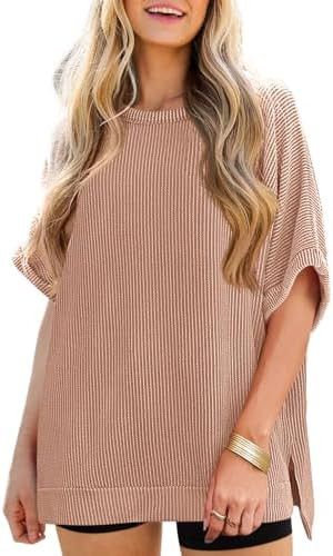 Tankaneo Womens Oversized T Shirts Summer Casual Ribbed Batwing Short Sleeve Tunic Tops Loose Fit... | Amazon (US)