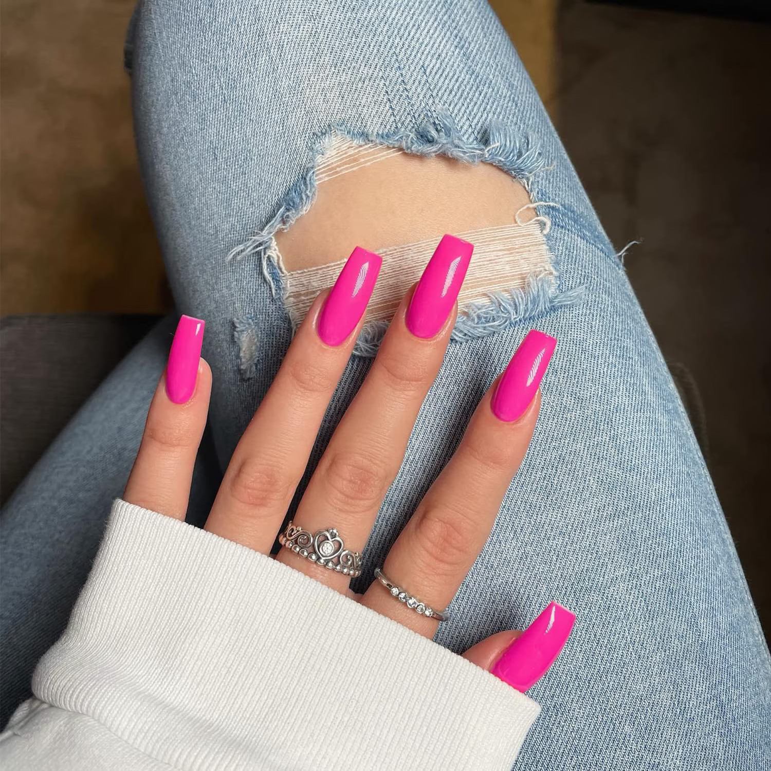 Hot Pink Press On Nails Medium Long Square, Medium Glue on Nails Coffin Perfect Fake Nails with P... | Walmart (US)