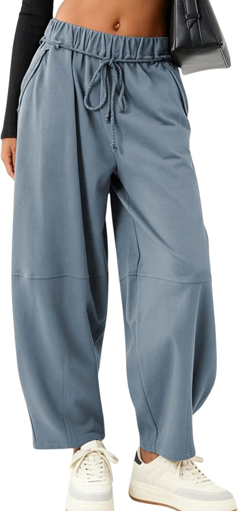 SeekMe Women's Barrel Leg Pants Drawstring Elastic Waist Palazzo Sweatpants Lounge Cotton Boho Trousers | Amazon (US)