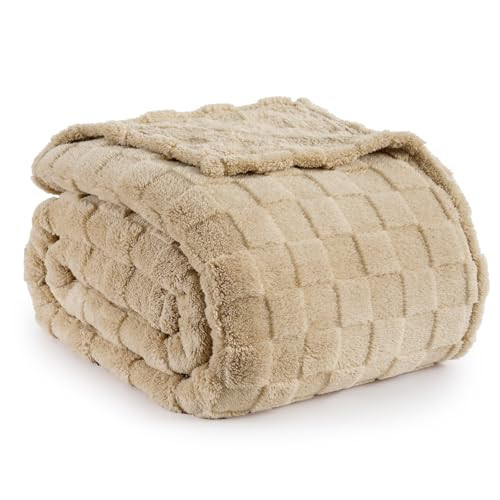 PHF Checkered Fleece Blanket Twin Size for Sofa Bed, Warm 3D Plaid Jacquard Fluffy Blanket for Fall and Winter, Light Khaki, 66x90 Inches | Amazon (US)