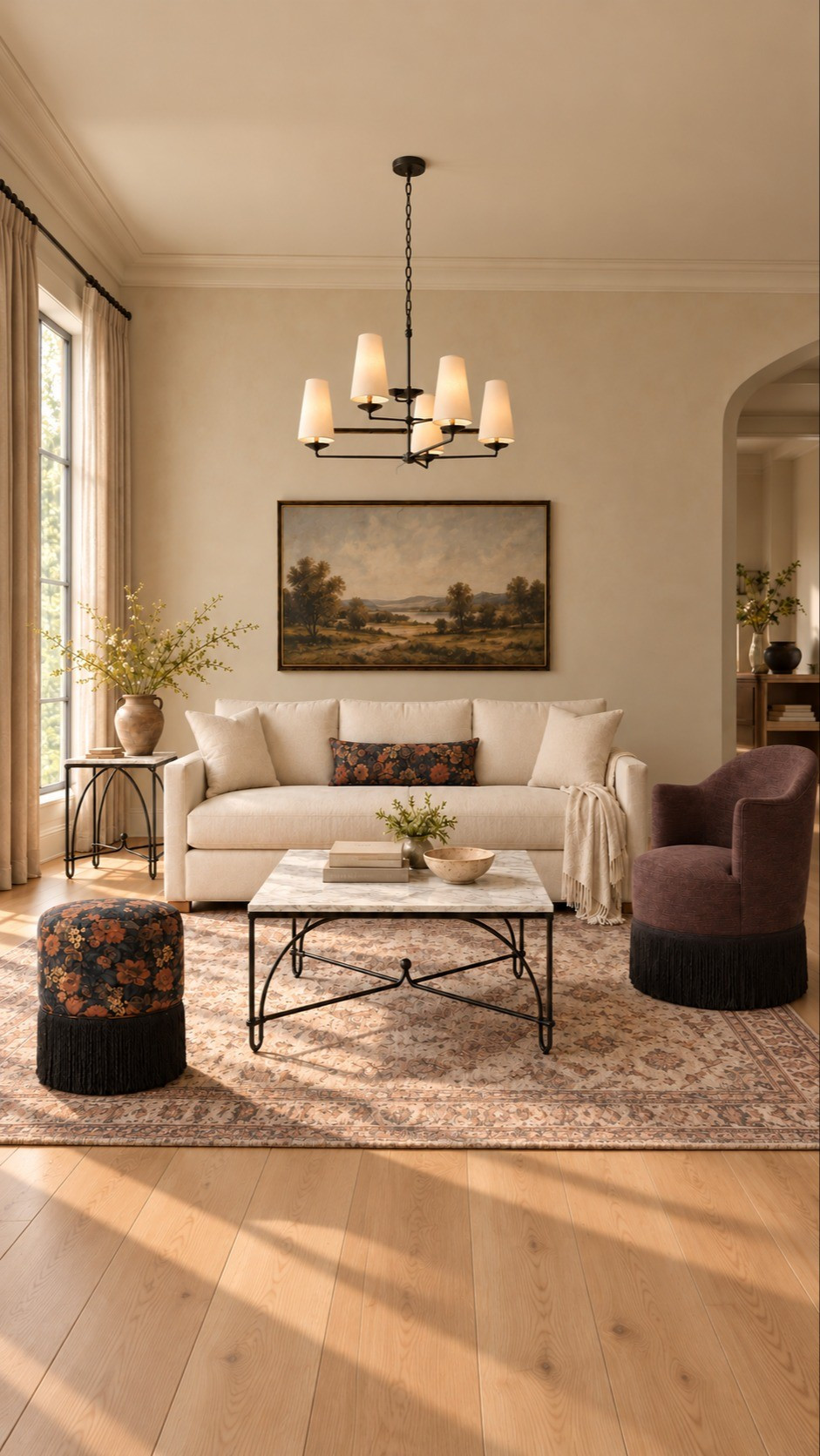 A cozy McGee & Co. living room mix with creamy upholstery, rich plum tones, floral accents and marble tables. The fringe details add such pretty texture.

#LTKHome