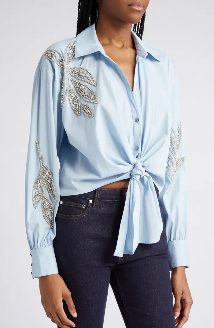 Cinq à Sept Marianna Embellished Leaf Tie Front Crop Button-Up Shirt | Nordstrom | Nordstrom