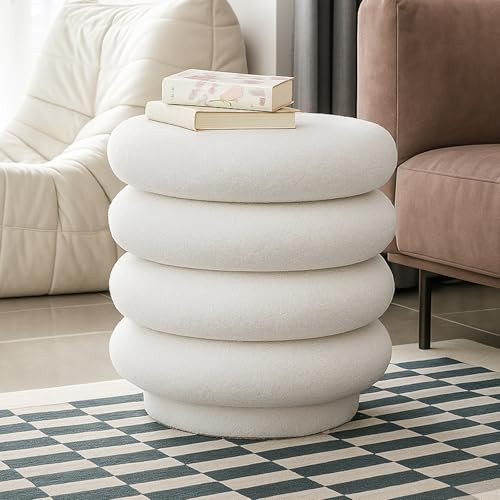 ZOMGE HUZZ 17.5'' Round Ottoman Foot Stool Fabric Storage Footrest Vanity Stool Chair, Modern Sherpa Upholstered Padded Seat with Lid for Living Room/Bedroom/Small Space/Make Up, Cream | Amazon (US)