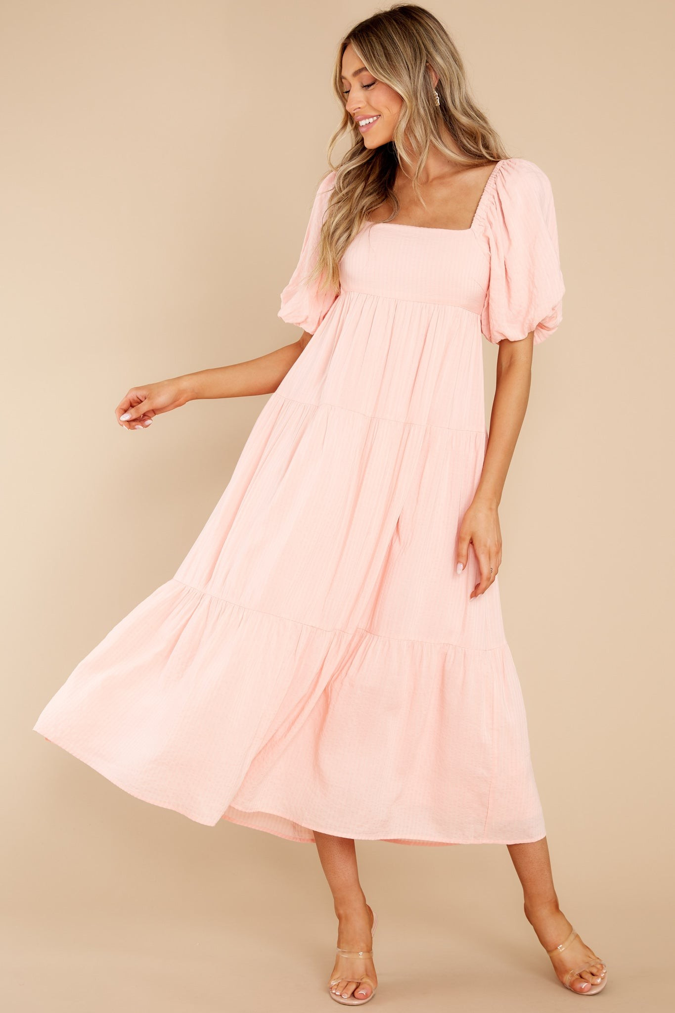 Iluka Peach Puff Sleeve Midi Dress | Red Dress 