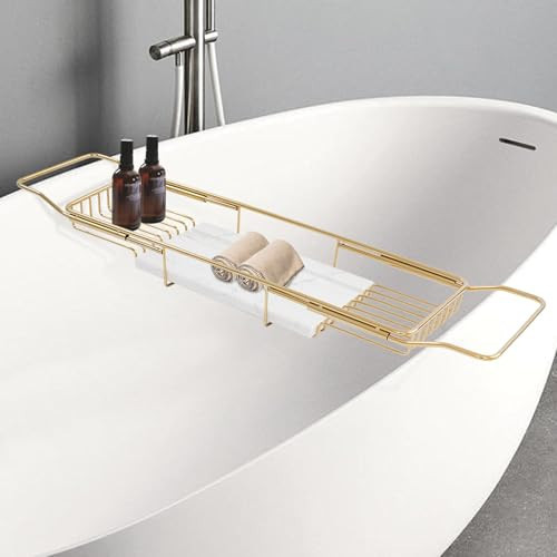 Bathtub Tray Caddy for Luxury Bath, Stainless Steel 26.8-35.4 in Expandable Extra Wide Bath Tub Tray with Natural Marble and Mobile/Tablet Stand, Ideal for Home Spa Lovers (Gold + White) | Amazon (US)