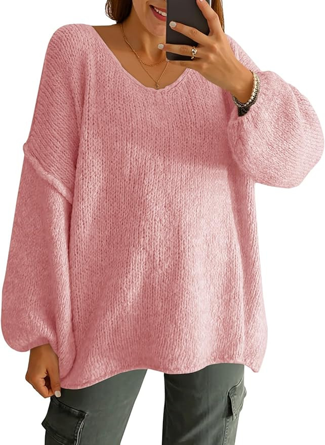 Saodimallsu Womens Oversized V Neck Sweaters Chunky Knit Lantern Long Sleeve Fall Winter Slouchy ... | Amazon (US)
