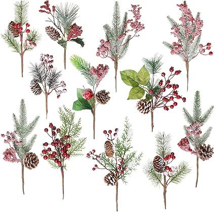 Crafare 12 PC 12 inch Artificial Christmas Floral Picks Assorted Holly Picks Stems Pine Branches ... | Amazon (US)