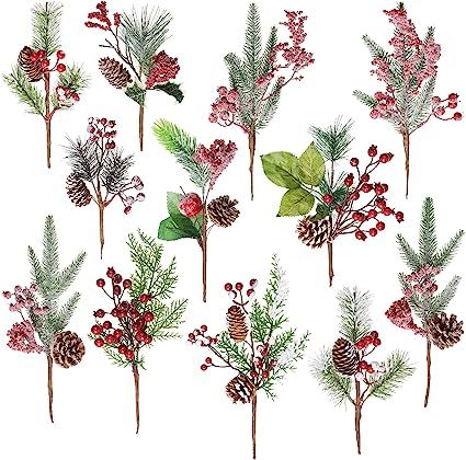 Crafare 12 PC 12 inch Artificial Christmas Floral Picks Assorted Holly Picks Stems Pine Branches ... | Amazon (US)