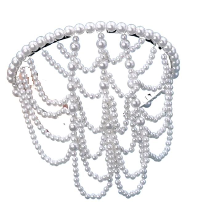 HomeSoGood Women's Crystal Cap Head Chain Headpieces,1920s Retro Elegant Pearls Hairband Hair Cha... | Amazon (US)
