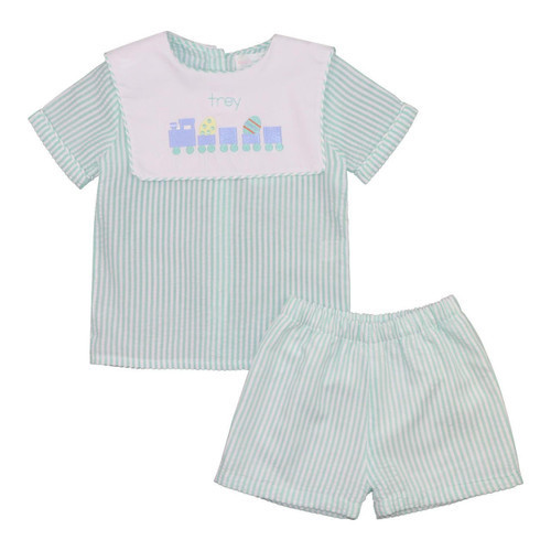 Mint Seersucker Embroidered Easter Train Short Set | Cecil and Lou
