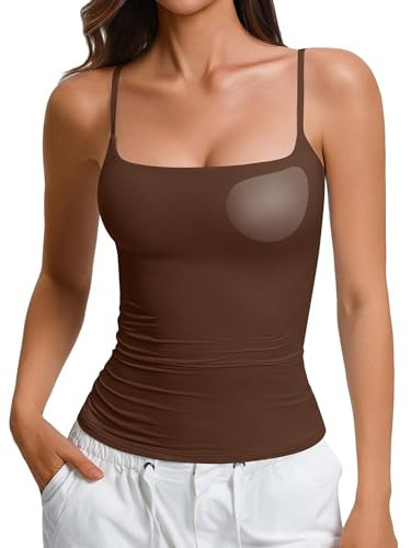 Avidlove Womens Padded Cami Tank Tops Double Lined Spaghetti Strap Built in Bra Shirts Slim Fitted Basic Camisole Top Brown | Amazon (US)
