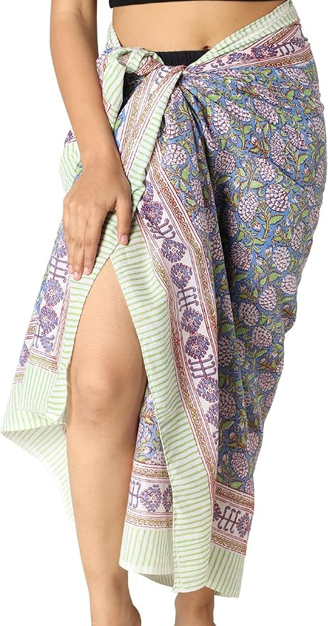 100% Cotton Sarong Coverups for Women Indian Hand Block Print Swimsuit Pareo Wrap Skirt Beach Swi... | Amazon (US)