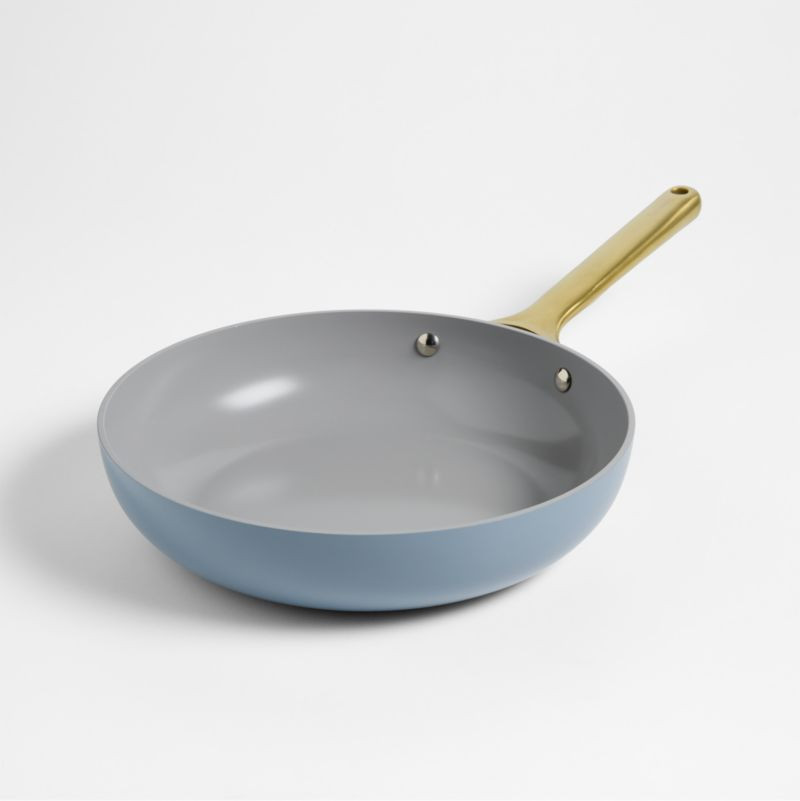 Caraway Blue Lagoon Ceramic Non-Stick 10.5" Fry Pan with Gold Hardware + Reviews | Crate & Barrel | Crate & Barrel