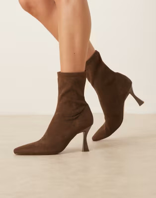 ASOS DESIGN Wide Fit Reagan chisel toe sock boots in chocolate suedette | ASOS (Global)
