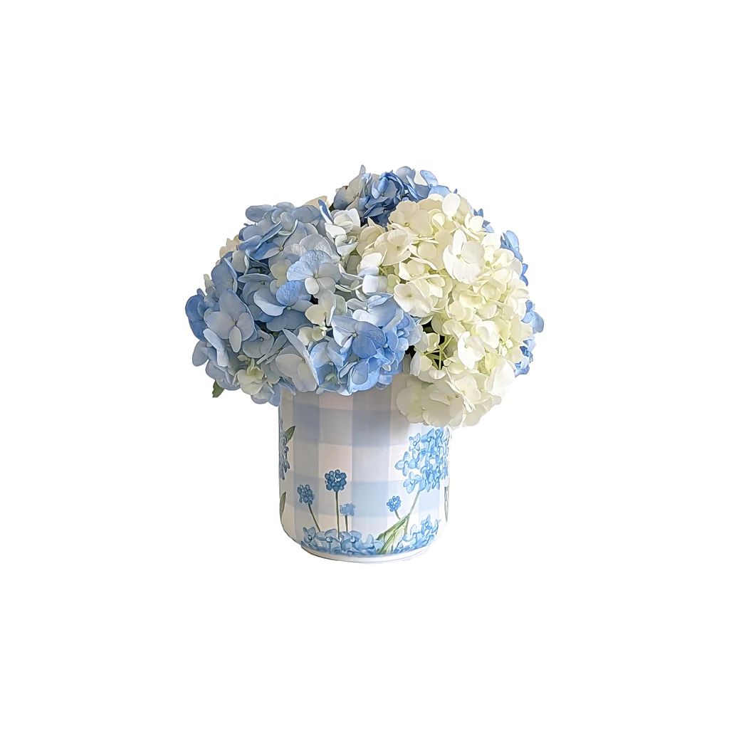 Lo Home x Chapple Chandler Small Gingham Vase with Hydrangea Accents | Lo Home by Lauren Haskell Designs
