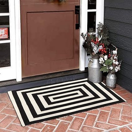 Seavish Indoor Outdoor Doormats, 23.6" x 35.4" Black and White Ivory Striped Square Rug Handmade ... | Amazon (US)