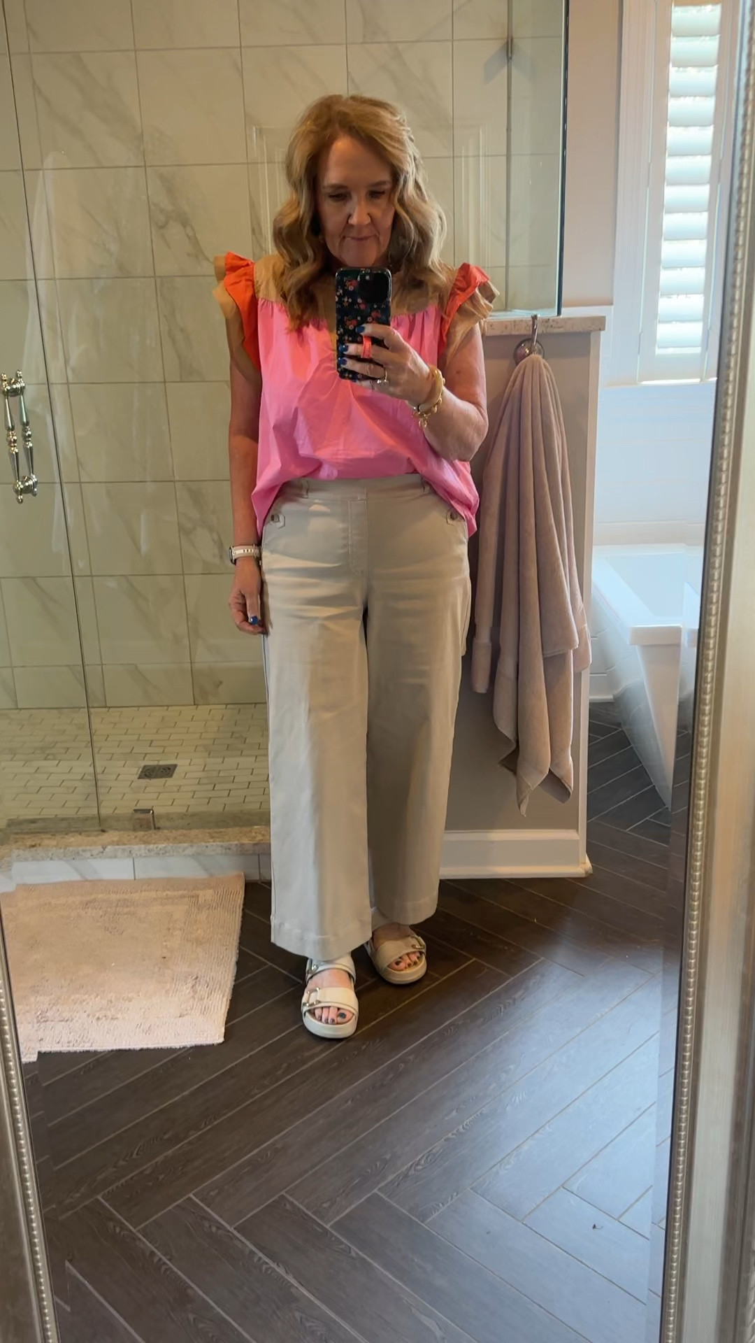 Blouse larger size 
Pants larger size. 10% off code for spanx NANETTEXSPANX 
Sandals tts 

Summer outfit summer fall blouse 

#LTKOver40 #LTKSeasonal #LTKMidsize