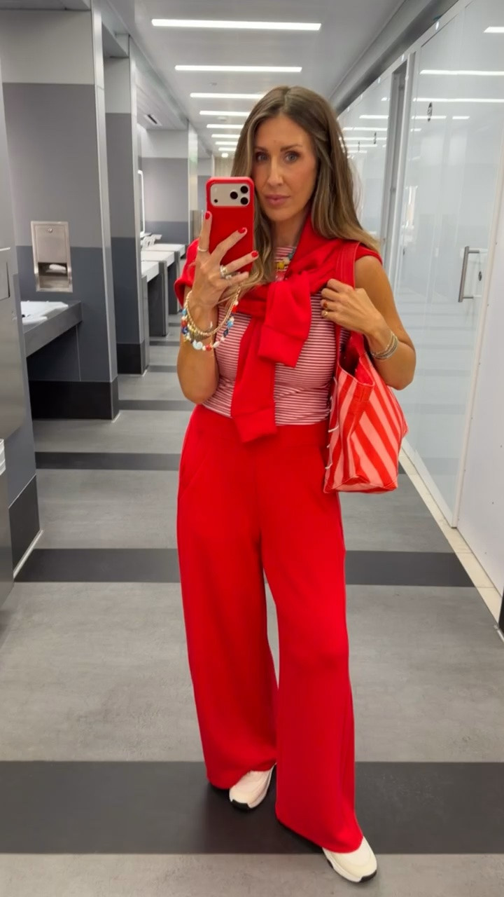 This red travel outfit is such a fun way to make a statement while still being comfortable. The wide leg pants, striped tank, and sweater draped over the shoulders give it that polished look without sacrificing comfort. Perfect for airport days, summer trips, or sightseeing in style.

travel outfit, airport style, red wide leg pants, vacation outfit, summer travel style, striped tank, elevated casual, comfortable travel outfit, chic airport look, vacation fashion, summer outfit ideas, travel day outfit, TheMomInStyle

#LTKootd #LTKTravel #LTKdayinmylife