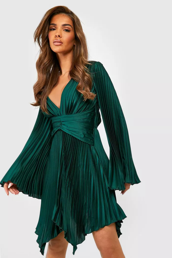 Satin Pleated Angel Sleeve Skater Dress | Boohoo.com (US & CA)