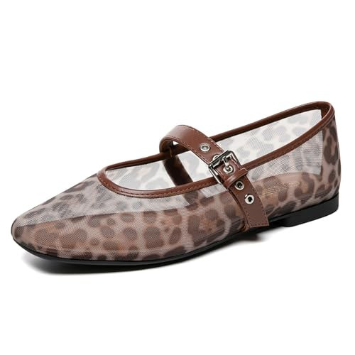 Rihero Leopard Mesh Ballet Flats for Women Square Toe Ballerina Shoes Comfortable Mary Jane Flats with Strap Size 5.5 | Amazon (US)