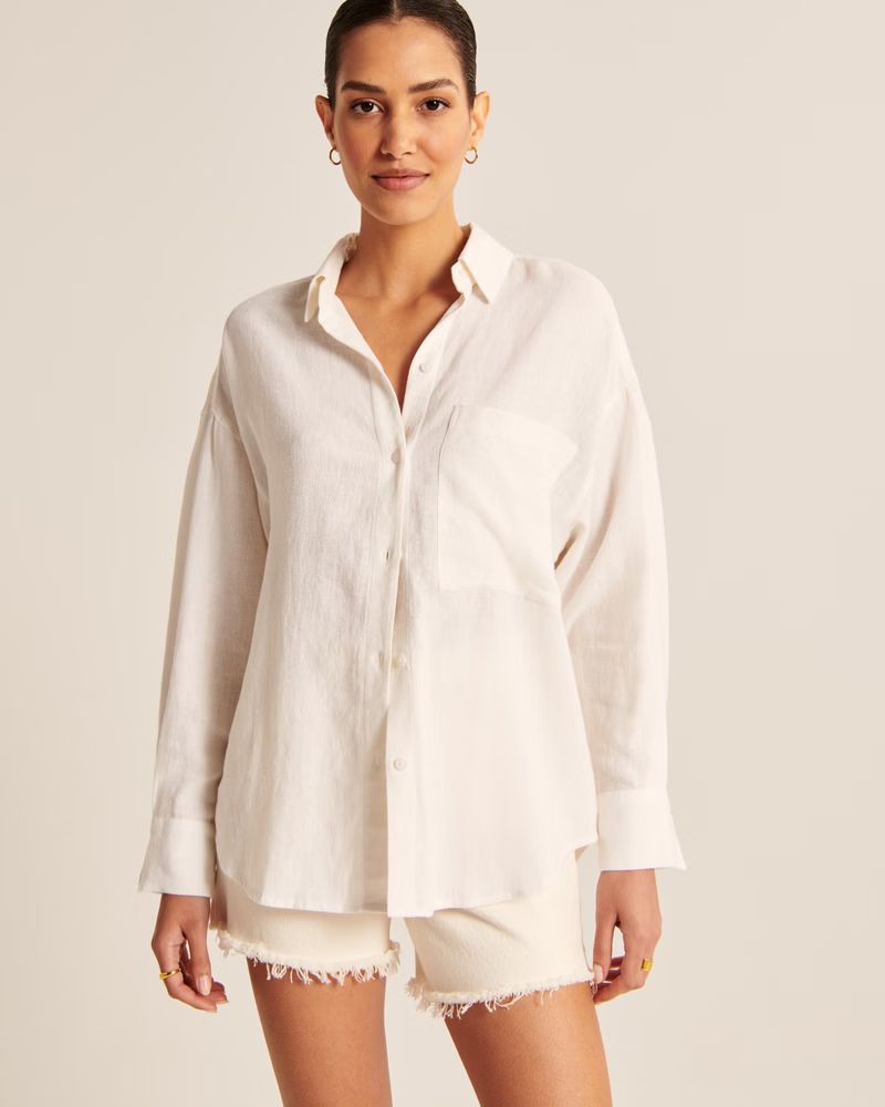 Women's Oversized Linen-Blend Button-Up Shirt | Women's Clearance | Abercrombie.com | Abercrombie & Fitch (US)