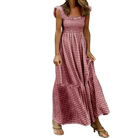 uikmnh Women s Dress Women s Summer Sleeveless Crew Neck Smocked High Waist Flowy Tiered A Line Midi | Walmart (US)