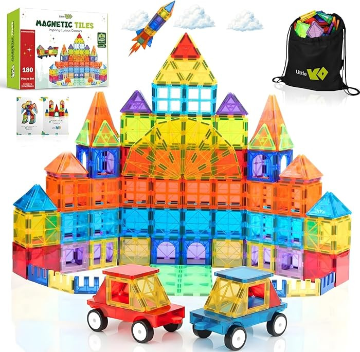 Magnetic Tiles Set 180 PCS with 2 Cars Bases, STEM Educational Magnet Toys for Kids Ages 3-12, Ma... | Amazon (US)