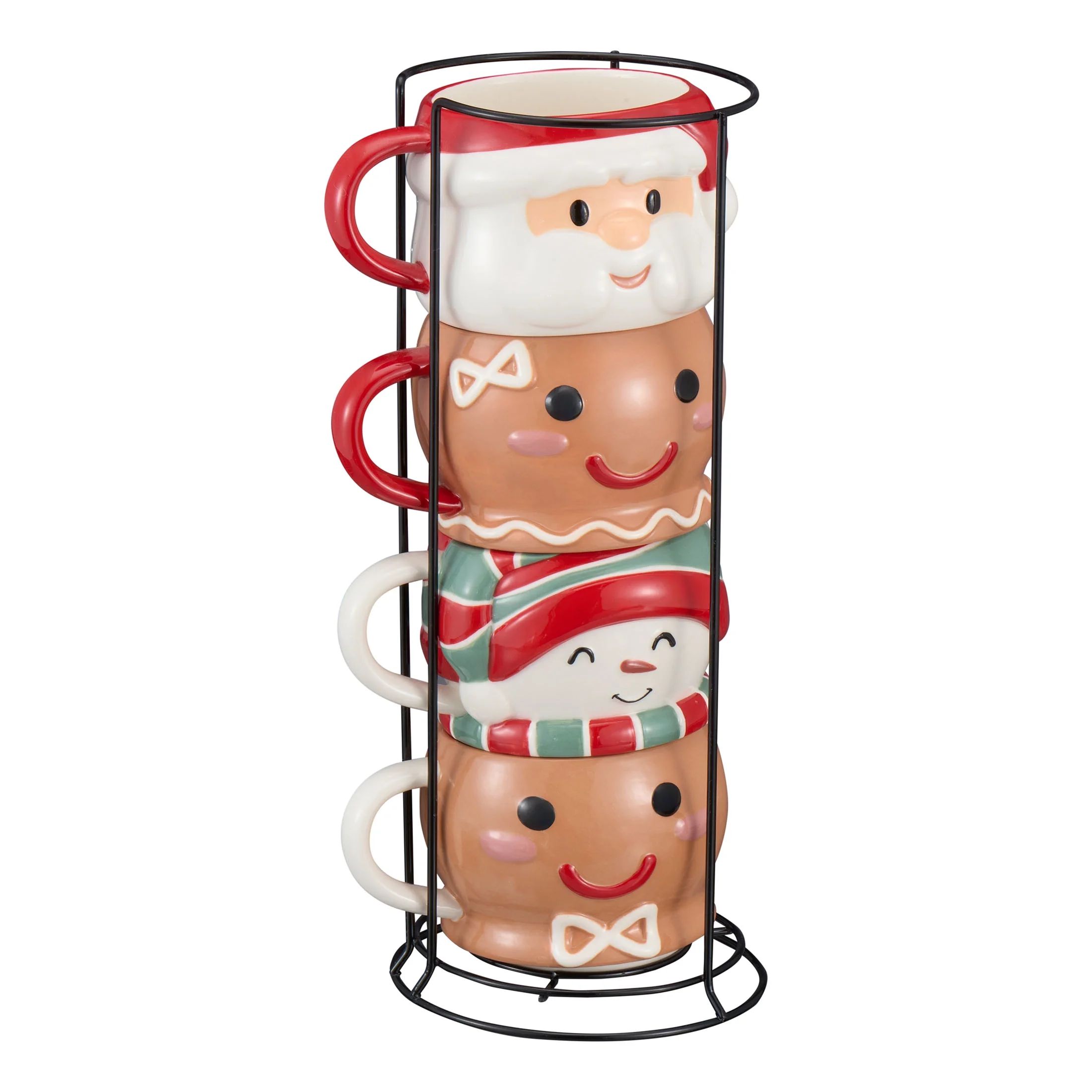 Holiday Time 12oz Holiday Characters Glazed Stoneware Ceramic Stacking Mug Set with Metal Rack | Walmart (US)