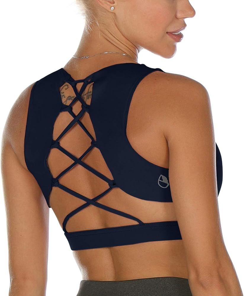 icyzone Strappy Sports Bra for Women - Sexy Gym Workout Yoga Bra with Removable Cups | Amazon (US)